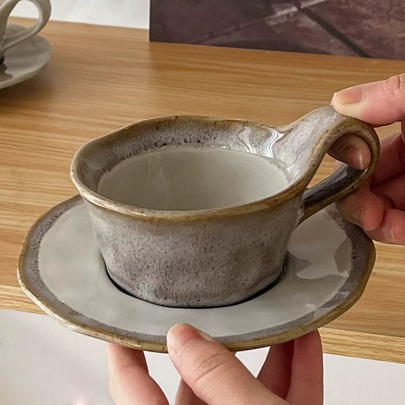 מאג קרמיקה שמנת חום וצלחת